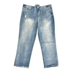 Democracy Jeans Blue Straight Crop Capri Ab Technology Denim Frayed Raw Hem 10